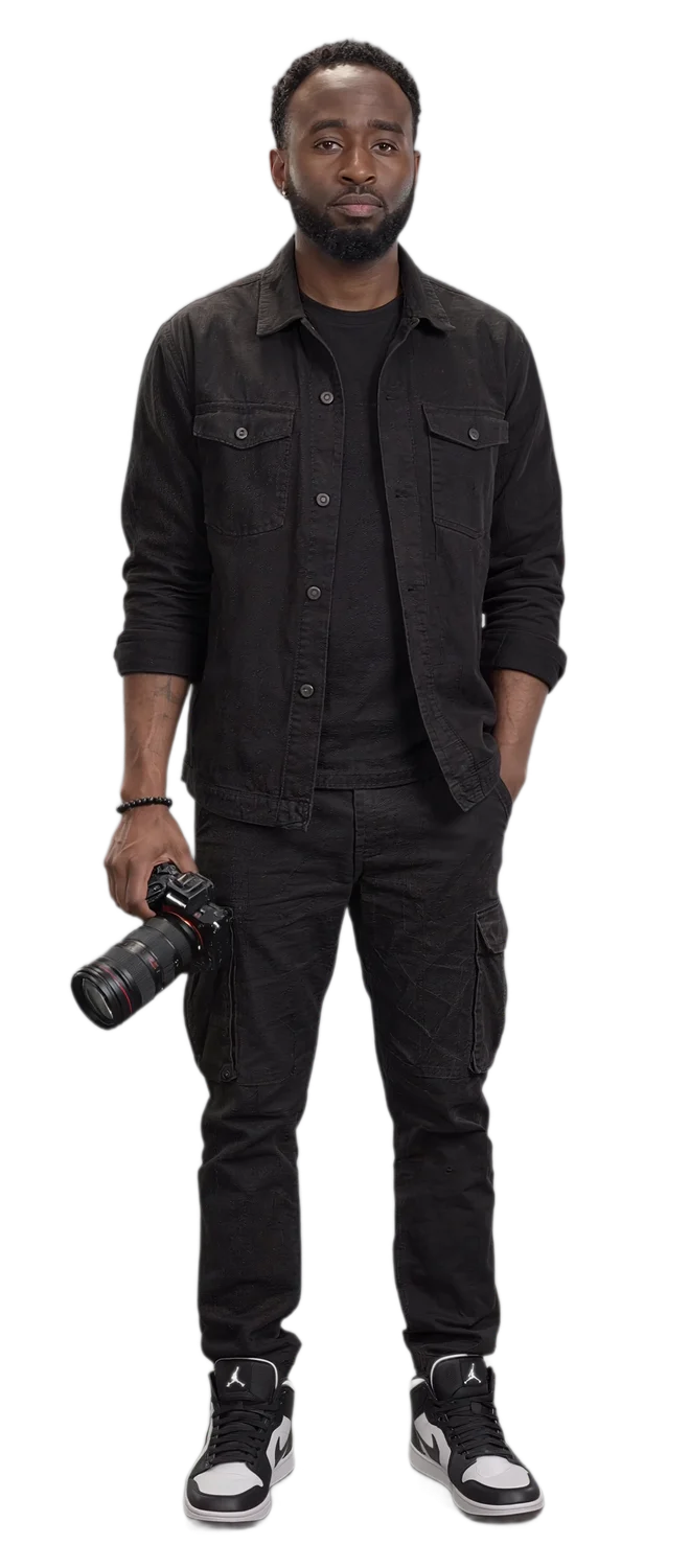 Marquise Johnson holding his camera in the approved black outfit.